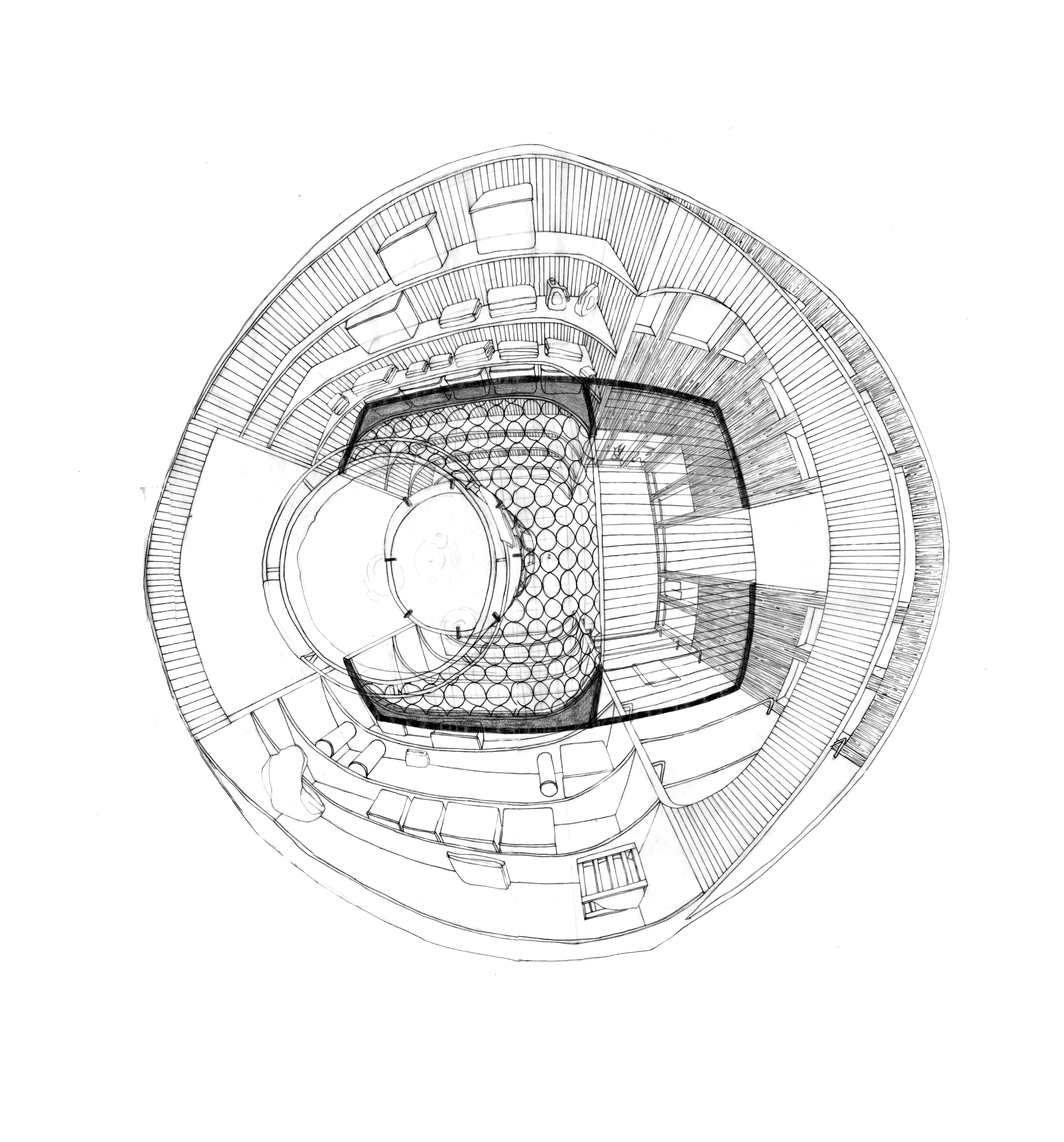 This 5 point perspective presents a square room as a round sphere: An architectural drawing in pen and pencil.